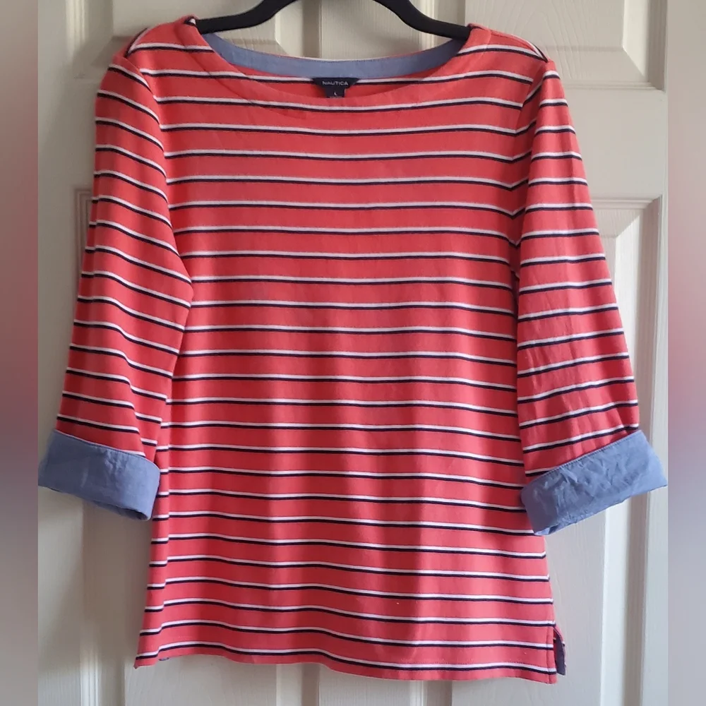 Nautica Women's Striped Coral, Black White Spripes, Blue Accents. Size L - Picture 1 of 9
